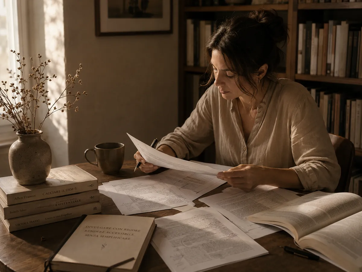 Rilettura di appunti e articoli di psicologia allo scrittoio
