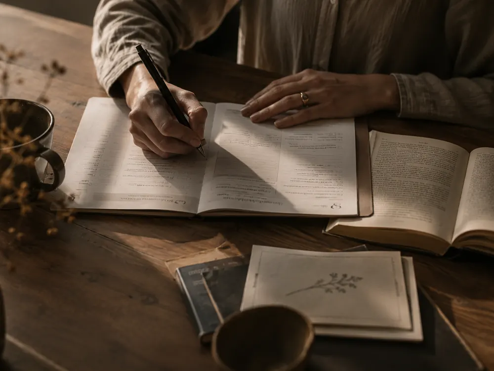 Mani che compilano un diario delle emozioni accanto a un libro aperto
