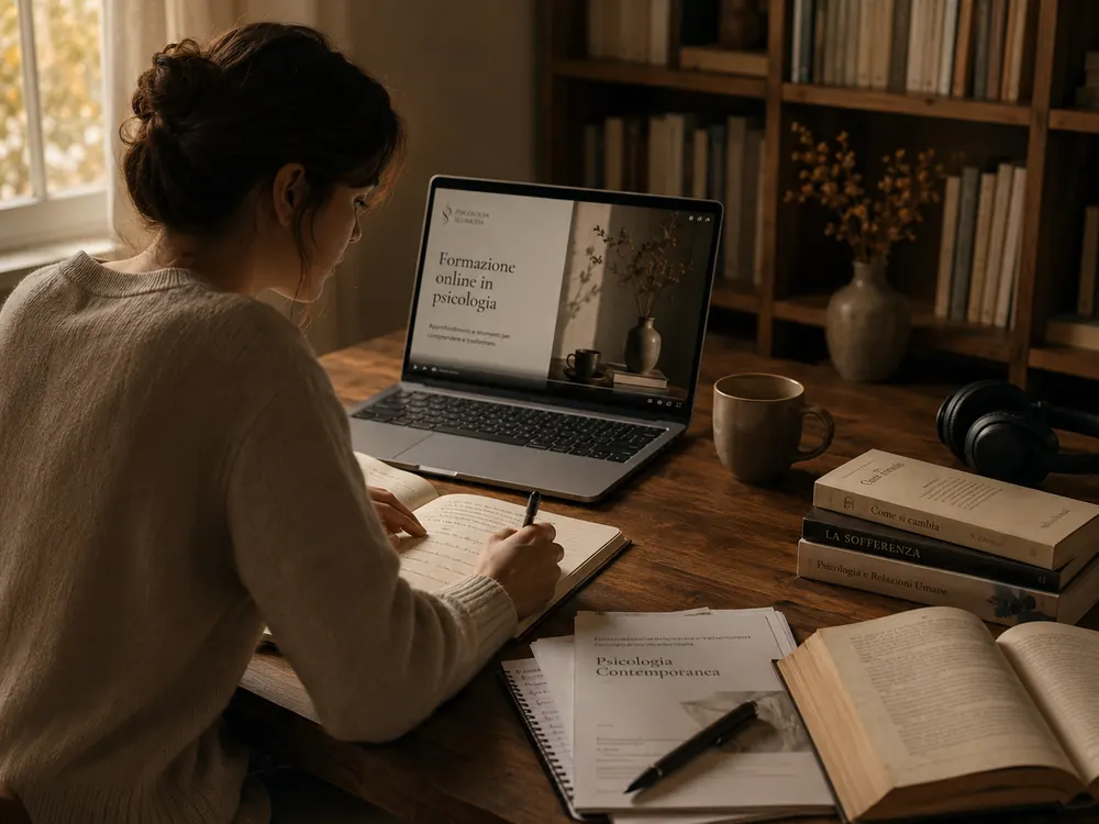 Corso di formazione online in psicologia seguito da un computer portatile